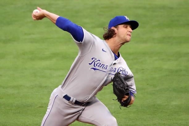 Jackson Kowar of the Kansas City Royals pitches during the first inning against the Los Angeles Angels at Angel Stadium of Anaheim on June 07, 2021...