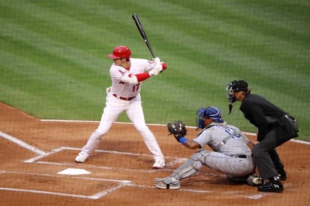 Shohei Ohtani of the Los Angeles Angels at bat during the first inning against the Kansas City Royals at Angel Stadium of Anaheim on June 07, 2021 in...