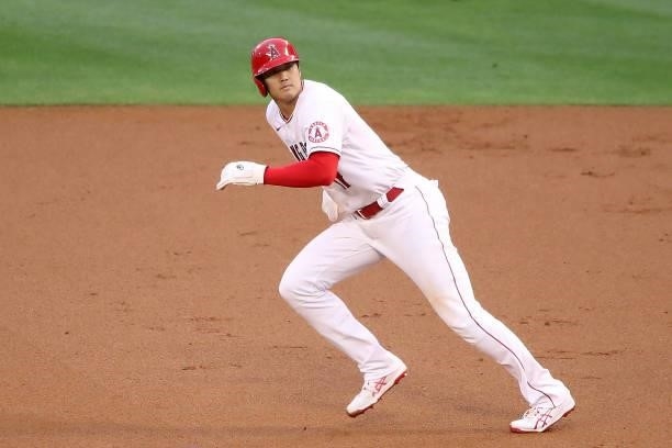 Shohei Ohtani of the Los Angeles Angels runs to second base during the first inning against the Kansas City Royals at Angel Stadium of Anaheim on...