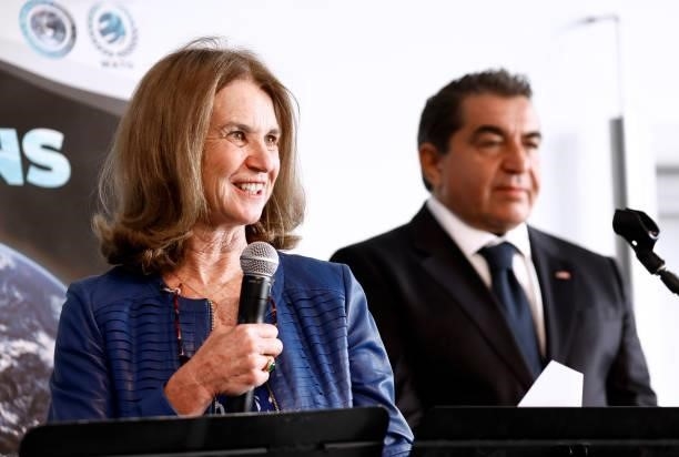Kathleen Kennedy Townsend and Ambassador Paolo Zampolli on stage at the We Are The Oceans - The World Oceans Day event at The Reach at The Kennedy...