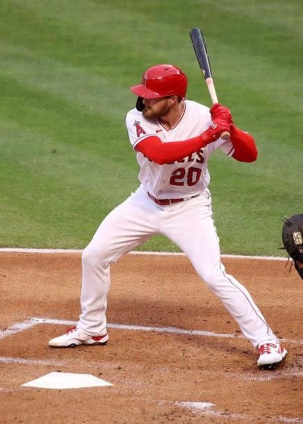 Jared Walsh of the Los Angeles Angels at bat during the first inning against the Kansas City Royals at Angel Stadium of Anaheim on June 07, 2021 in...