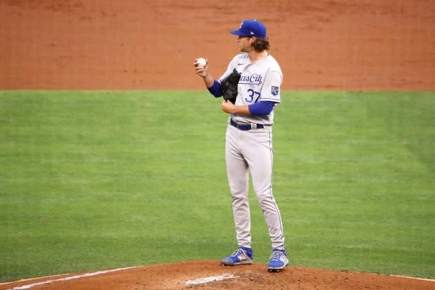 Jackson Kowar of the Kansas City Royals looks on from the mound during the first inning against the Los Angeles Angels at Angel Stadium of Anaheim on...
