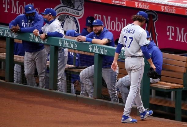 Jackson Kowar of the Kansas City Royals walks to the dugout during the first inning against the Los Angeles Angels at Angel Stadium of Anaheim on...