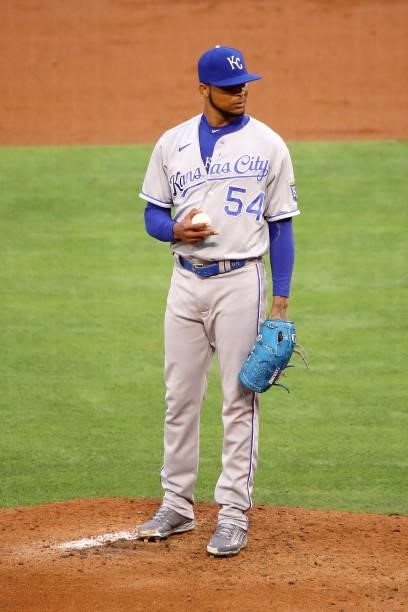Ervin Santana of the Kansas City Royals looks on from the mound during the first inning against the Los Angeles Angels at Angel Stadium of Anaheim on...