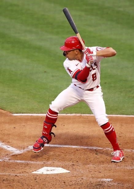 Kean Wong of the Los Angeles Angels at bat during the first inning against the Kansas City Royals at Angel Stadium of Anaheim on June 07, 2021 in...