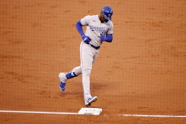 Jorge Soler of the Kansas City Royals runs around the bases after his home run during the second inning against the Los Angeles Angels at Angel...