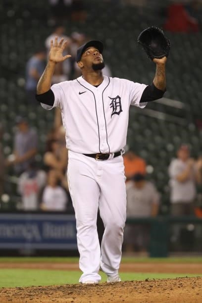 Jose Cisnero of the Detroit Tigers celebrates a 5-3 win over the Seattle Mariners at Comerica Park on June 08, 2021 in Detroit, Michigan.
