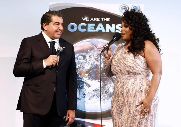 Ambassador Paolo Zampolli on stage with singer Mary Millben at the We Are The Oceans - The World Oceans Day event at The Reach at The Kennedy Center...