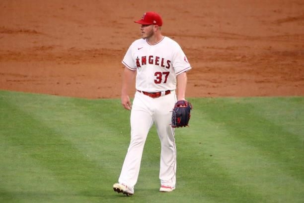 Dylan Bundy of the Los Angeles Angels looks on during the second inning against the Kansas City Royals at Angel Stadium of Anaheim on June 07, 2021...