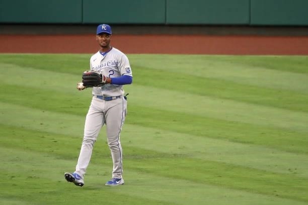 Michael A. Taylor of the Kansas City Royals makes a catch of a fly ball during the second inning against the Los Angeles Angels at Angel Stadium of...
