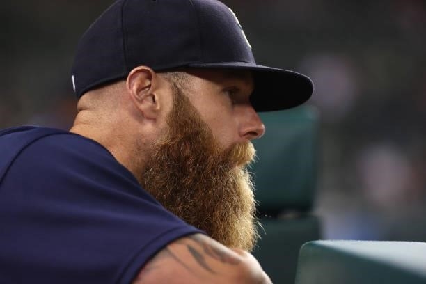 Carson Vitale of the Seattle Mariners looks on from the dugout whiel playing the Detroit Tigers at Comerica Park on June 08, 2021 in Detroit,...
