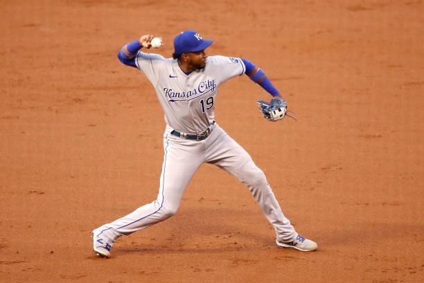 Kelvin Gutierrez of the Kansas City Royals makes the play to first base during the second inning against the Los Angeles Angels at Angel Stadium of...