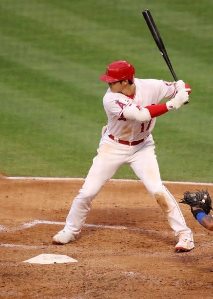 Shohei Ohtani of the Los Angeles Angels at bat during the second inning against the Kansas City Royals at Angel Stadium of Anaheim on June 07, 2021...