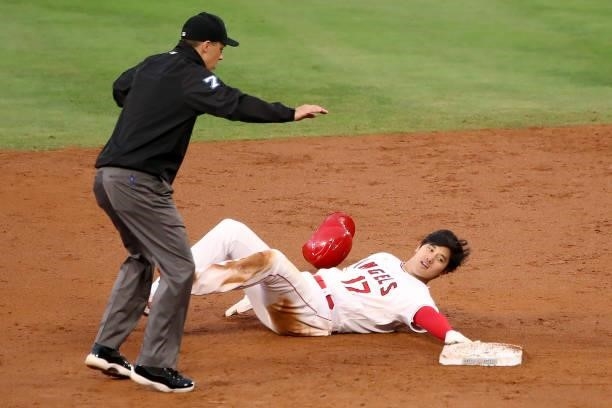 Shohei Ohtani of the Los Angeles Angels steals second base against the Kansas City Royals during the second inning at Angel Stadium of Anaheim on...