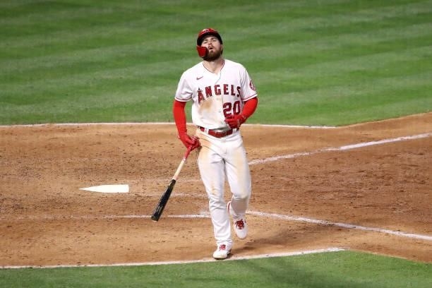 Jared Walsh of the Los Angeles Angels reacts after the pitch during the fifth inning against the Kansas City Royals at Angel Stadium of Anaheim on...