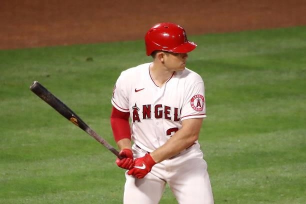Max Stassi of the Los Angeles Angels at bat during the fifth inning against the Kansas City Royals at Angel Stadium of Anaheim on June 07, 2021 in...