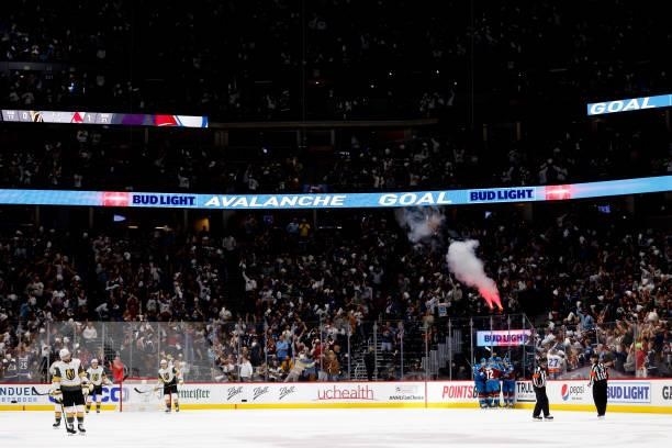 The Colorado Avalanche celebrates a goal by Joonas Donskoi against the Vegas Golden Knights during the second period in Game Five of the Second Round...