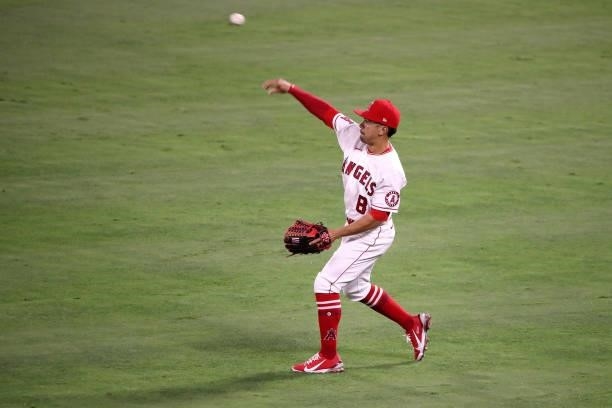 Kean Wong of the Los Angeles Angels throws the ball during the sixth inning against the Kansas City Royals at Angel Stadium of Anaheim on June 07,...