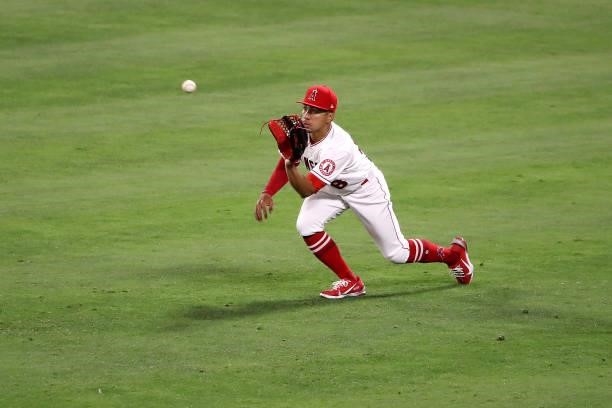 Kean Wong of the Los Angeles Angels makes the catch during the seventh inning against the Kansas City Royals at Angel Stadium of Anaheim on June 07,...