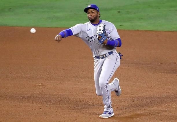 Kelvin Gutierrez of the Kansas City Royals makes the play to first base during the seventh inning against the Los Angeles Angels at Angel Stadium of...