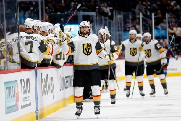 Alex Tuch of the Vegas Golden Knights celebrates with his teammates after scoring against the Colorado Avalanche during the third period in Game Five...