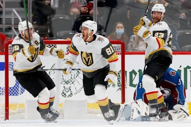 Jonathan Marchessault of the Vegas Golden Knights celebrates after scoing against the Colorado Avalanche during the third period in Game Five of the...