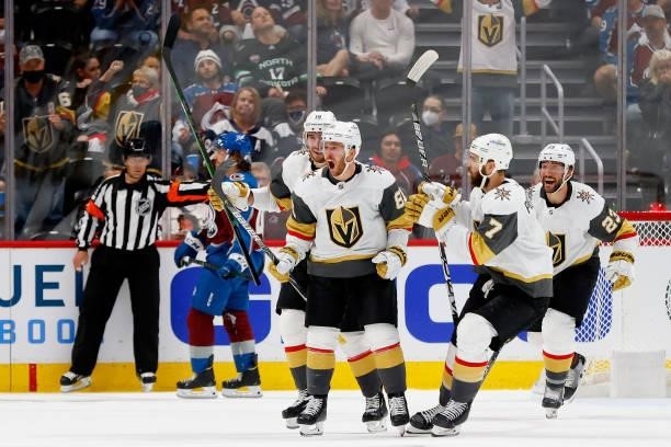 Jonathan Marchessault of the Vegas Golden Knights celebrates with his teammates after scoing against the Colorado Avalanche during the third period...