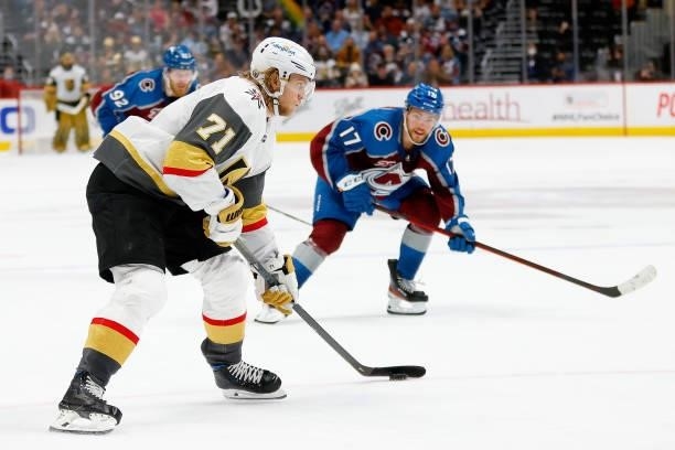 William Karlsson of the Vegas Golden Knights looks for an opening on goal against the Colorado Avalanche during the second period in Game Five of the...