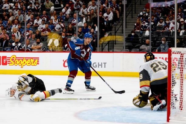 Mikko Rantanen of the Colorado Avalanche fires a shot on goal against Marc-Andre Fleury of the Vegas Golden Knights during the third period in Game...