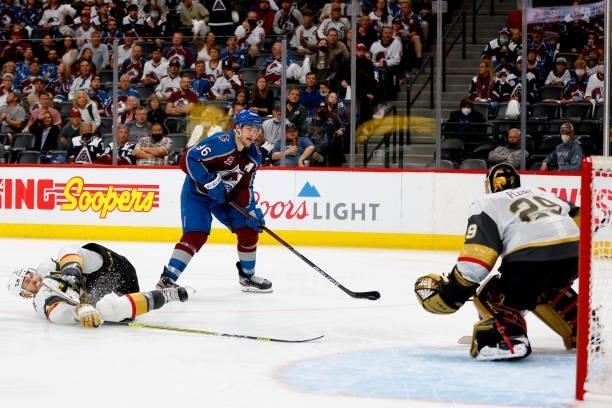 Mikko Rantanen of the Colorado Avalanche fires a shot on goal against Marc-Andre Fleury of the Vegas Golden Knights during the third period in Game...