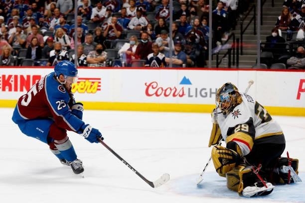 Marc-Andre Fleury of the Vegas Golden Knights saves a shot on goal by Logan O'Connor of the Colorado Avalanche during the third period in Game Five...