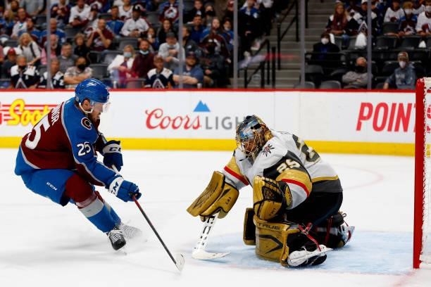Marc-Andre Fleury of the Vegas Golden Knights saves a shot on goal by Logan O'Connor of the Colorado Avalanche during the third period in Game Five...