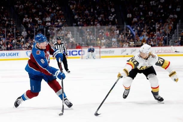 Cale Makar of the Colorado Avalanche fires a shot against William Karlsson of the Vegas Golden Knights during the third period in Game Five of the...