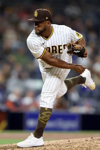 Miguel Diaz of the San Diego Padres pitches during the sixth inning of a game against the Chicago Cubs at PETCO Park on June 08, 2021 in San Diego,...
