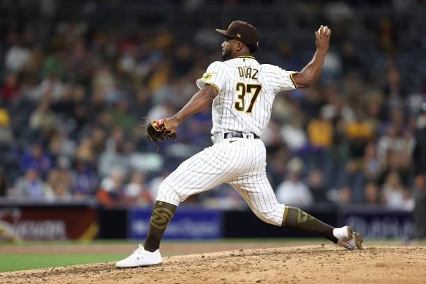 Miguel Diaz of the San Diego Padres pitches during the sixth inning of a game against the Chicago Cubs at PETCO Park on June 08, 2021 in San Diego,...