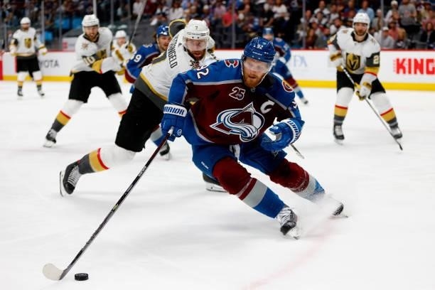 Gabriel Landeskog of the Colorado Avalanche advances the puck against the Vegas Golden Knights during the third period in Game Five of the Second...