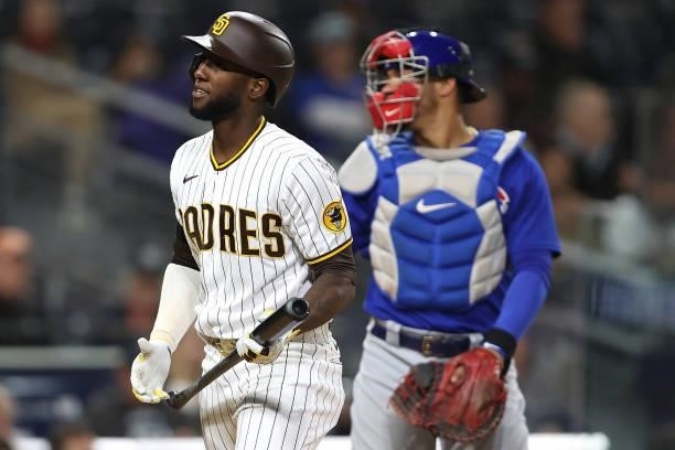 Jurickson Profar of the San Diego Padres strikes out during the fifth inning of a game against the Chicago Cubs at PETCO Park on June 08, 2021 in San...