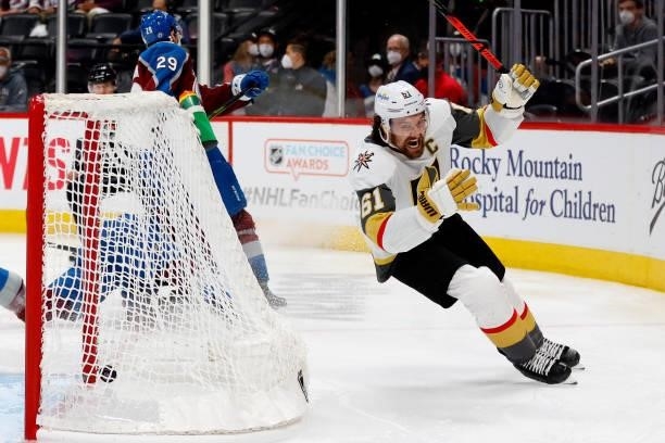 Mark Stone of the Vegas Golden Knights celebrates after scoring against the Colorado Avalanche during overtime in Game Five of the Second Round of...