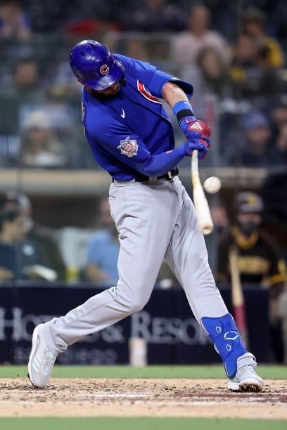 Kris Bryant of the Chicago Cubs connects for a single during the sixth inning of a game against the San Diego Padres at PETCO Park on June 08, 2021...