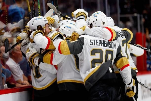 Mark Stone of the Vegas Golden Knights celebrates with his teammates 1after scoring against the Colorado Avalanche during overtime in Game Five of...
