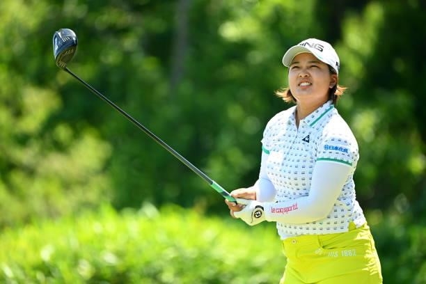 Ai Suzuki of Japan hits her tee shot on the 14th hole during the practice round of the Ai Miyazato Suntory Ladies Open at Rokko Kokusai Golf Club on...