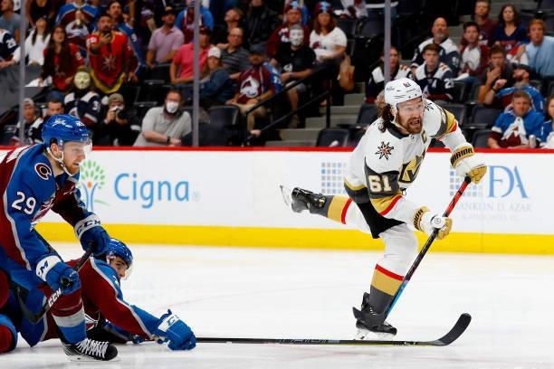 Mark Stone of the Vegas Golden Knights scores against the Colorado Avalanche during overtime in Game Five of the Second Round of the 2021 Stanley Cup...