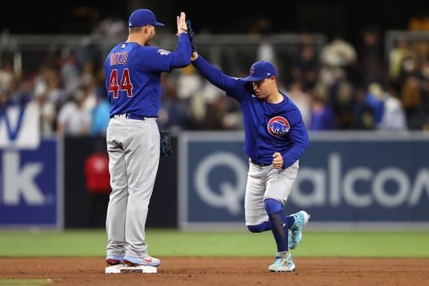 Anthony Rizzo and Joc Pederson of the Chicago Cubs celebrate after defeating the San Diego Padres 7-1 in a game at PETCO Park on June 08, 2021 in San...