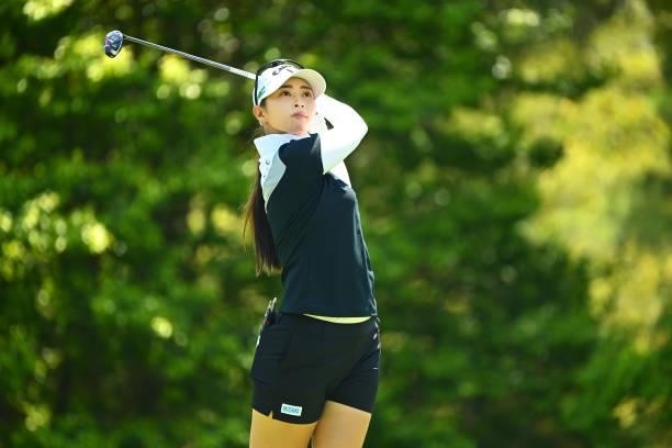 Asuka Kashiwabara of Japan hits her tee shot on the 11th hole during the practice round of the Ai Miyazato Suntory Ladies Open at Rokko Kokusai Golf...