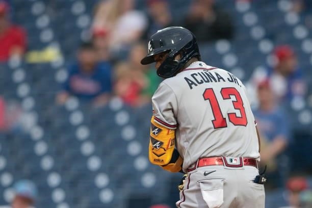 Ronald Acuna Jr. #13 of the Atlanta Braves looks on against the Philadelphia Phillies at Citizens Bank Park on June 8, 2021 in Philadelphia,...