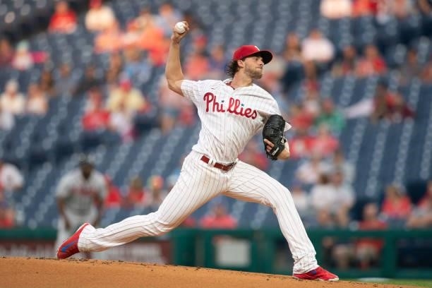 Aaron Nola of the Philadelphia Phillies throws a pitch against the Atlanta Braves at Citizens Bank Park on June 8, 2021 in Philadelphia,...