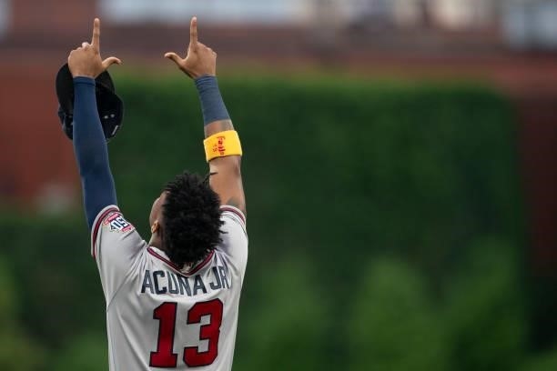 Ronald Acuna Jr. #13 of the Atlanta Braves points to the sky prior to the game against the Philadelphia Phillies at Citizens Bank Park on June 8,...