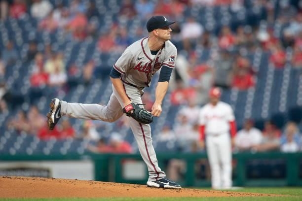 Drew Smyly of the Atlanta Braves throws a pitch against the Philadelphia Phillies at Citizens Bank Park on June 8, 2021 in Philadelphia,...