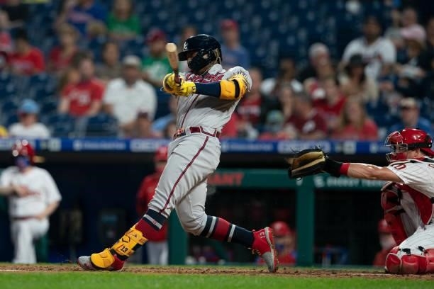 Ronald Acuna Jr. #13 of the Atlanta Braves hits a solo home run in the top of third inning against the Philadelphia Phillies at Citizens Bank Park on...