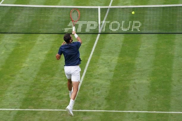Marin Cilic of Croatia plays a forehand in his match against Rudolf Molleker of Germany during day 2 of the MercedesCup at Tennisclub Weissenhof on...